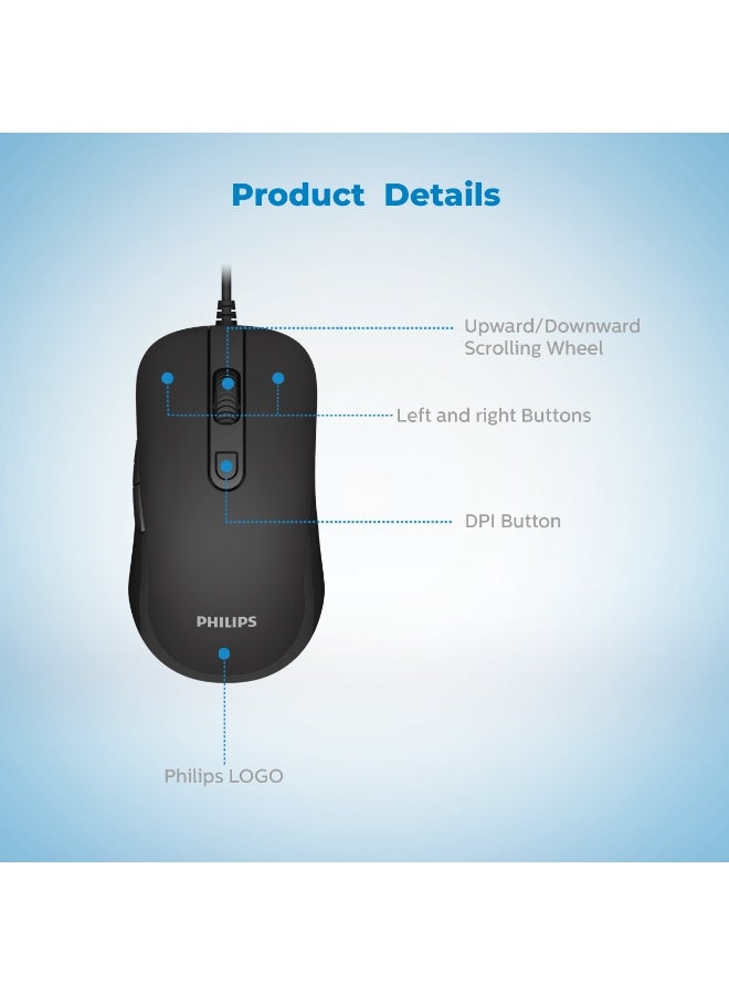 فيليبس ماوس بصري سلكي، دقة قابلة للتعديل حتى 3200 نقطة في البوصة، تصميم مريح مناسب للاستخدام باليدين، منفذ USB للتوصيل والتشغيل لأجهزة الكمبيوتر المحمولة/الشخصية/المكتبية - أسود - Image 5